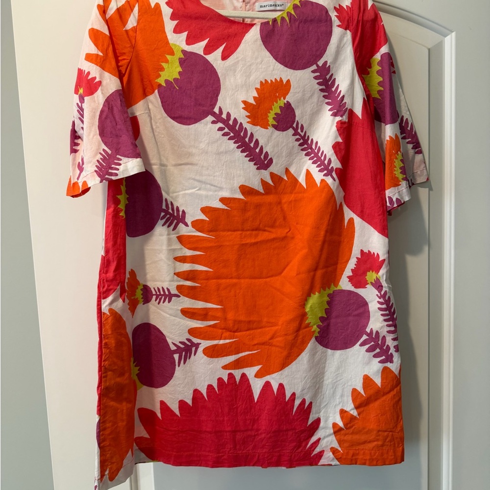 Marimekko Bold Floral Mini Dress in Orange, Pink, Purple, Lime on White